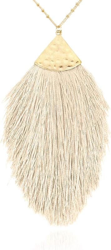 RIAH FASHION Antique Bohemian Silky Thread Fan Tassel Statement Necklace - Vintage Gold Feather Shap | Amazon (US)