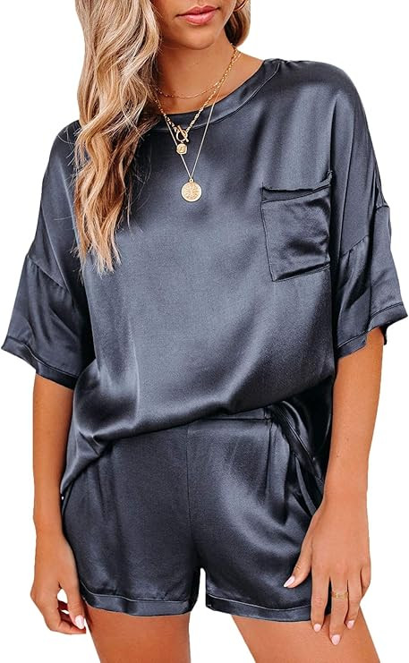 LYANER Women's Satin Silky Pajama Set Short Sleeve T-shirt With Shorts Set PJ Loungewear | Amazon (US)