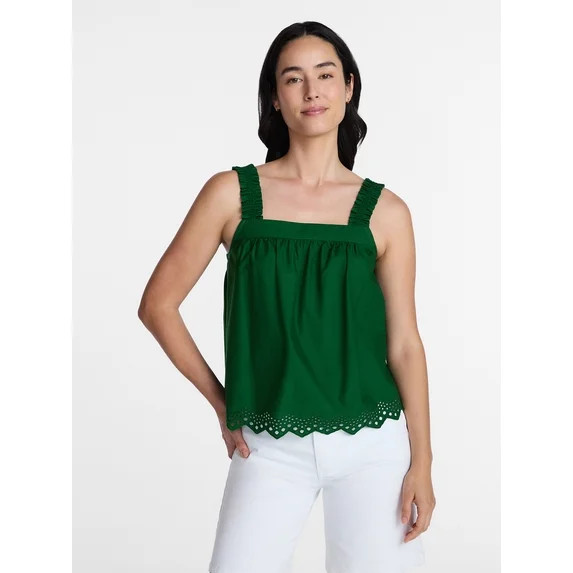 Time and Tru Women's Eyelet Embroidery Trim Tank Top, Sizes XS-XXXL | Walmart (US)