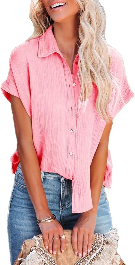 Paintcolors Women's Button Up Shirts Cotton Roll-up Sleeve Blouses V Neck Casual Tunics Solid Col... | Amazon (US)