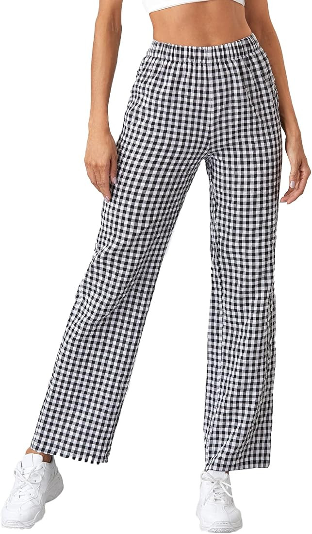 SOLY HUX Women's Casual Gingham Relaxed Fit Elastic High Waisted Straight Wide Leg Y2K Trousers P... | Amazon (US)