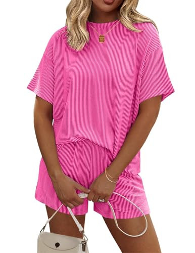 Ekouaer Womens Pajama Sets Short Sleeve Lounge Sets 2 Piece Tops and Shorts Cruise Outfits Matching Loungewear with Pockets Hot Pink | Amazon (US)