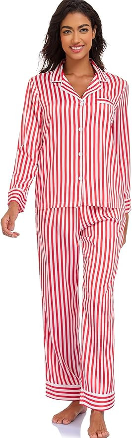 Women's Satin Pajama Set Long Sleeve Button Down Sleepwear 2-Piece Silky Pj Set | Amazon (US)