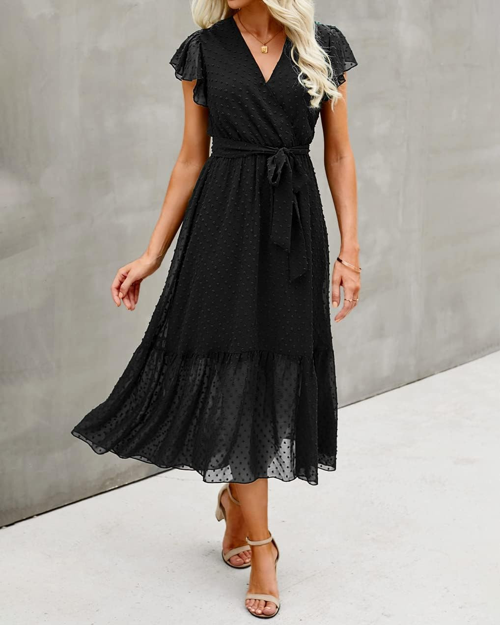 BTFBM Women Summer Casual Wrap V Neck Ruffle Cap Sleeve Belted Midi Dress | Amazon (US)