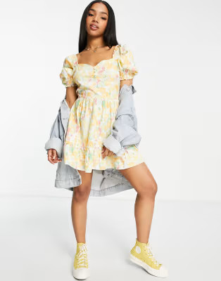 Miss Selfridge poplin milkmaid fit and flare mini dress in painted floral | ASOS | ASOS (Global)