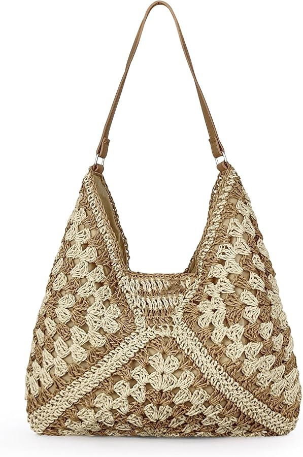 Straw Hobo Bags for Women, Large Capacity Summer Woven Tote Bag with Button Snap Vintage Foldable... | Amazon (UK)