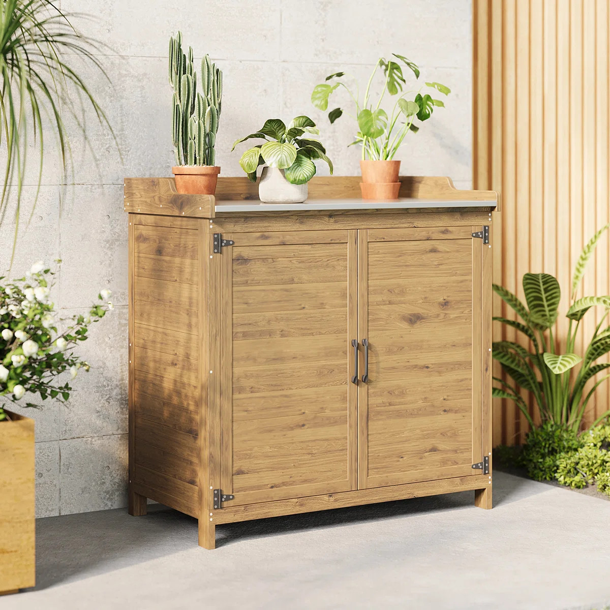 Wood Potting Bench with Storage Cabinet & Metal Top for Backyard or Garden | Wayfair North America