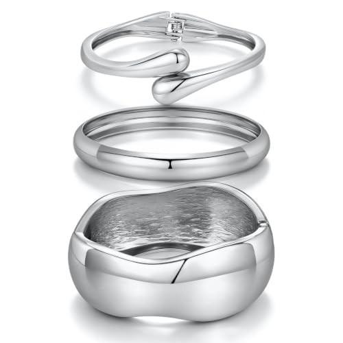 3Pcs Chunky Gold Bangle Bracelets for Women Trendy 14K Silver Plated Cuff Bracelets Stack, Dainty Silver Bracelet Sets Non Tarnish Fashion Jewelry Gift | Amazon (US)