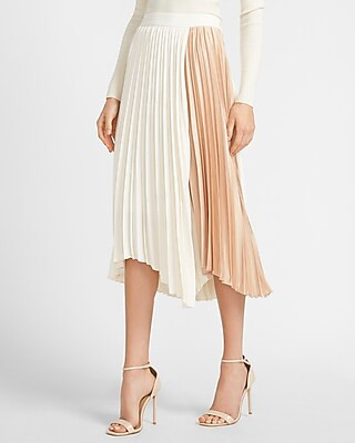 High Waisted Pleated Color Block Midi Skirt | Express