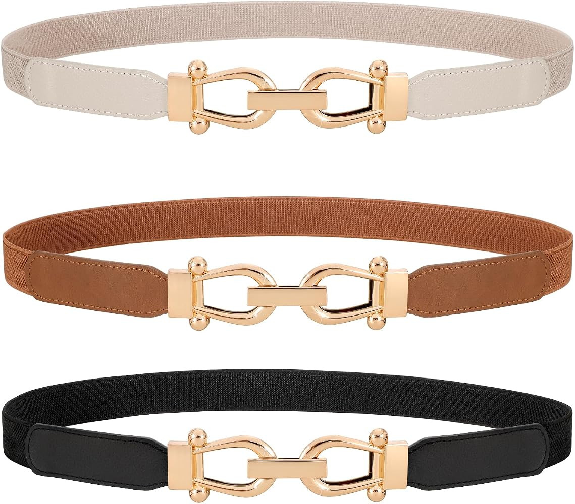 WERFORU 3 Pack Women Skinny Elastic Waist Belt Gold Buckle Stretchy Thin Belt for Jeans Dress | Amazon (US)