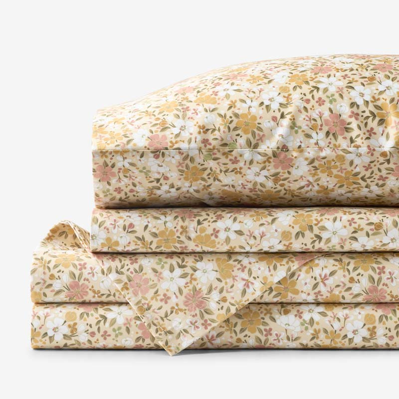 Joyful Floral Classic Smooth Sateen Bed Sheet Set - Gold, Twin | The Company Store