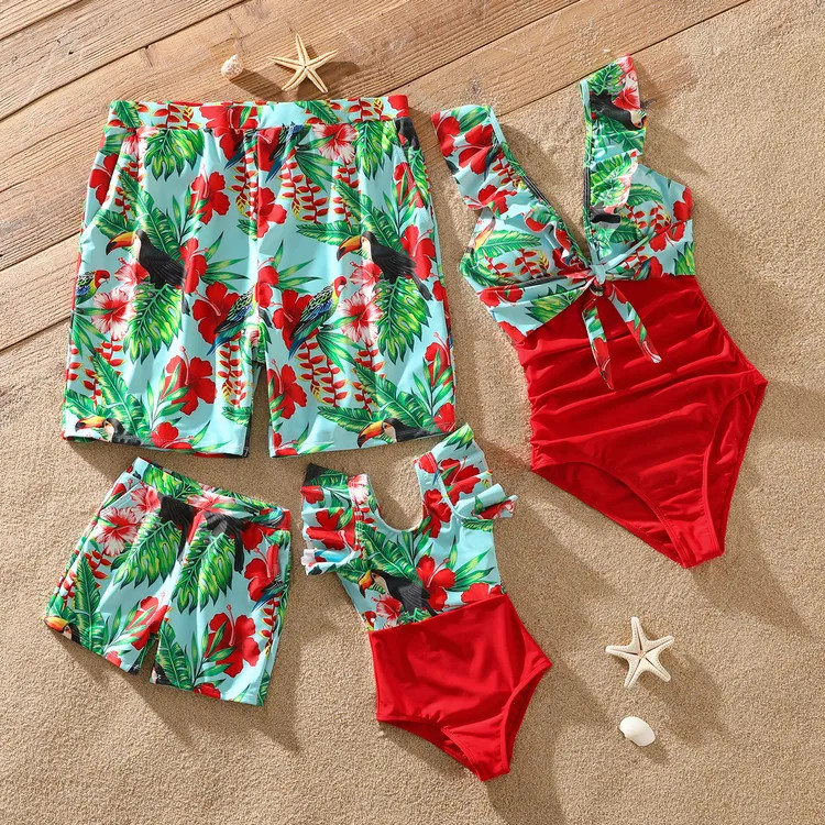 Family Matching All Over Tropical Plants Parrot Print Swim Trunks Shorts and Ruffle Splicing One-... | PatPat