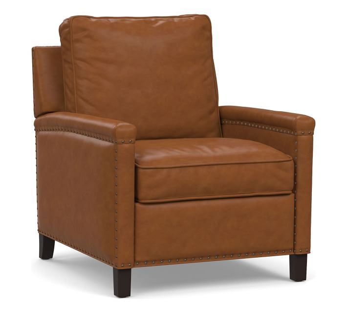 Tyler Square Arm Leather Recliner with Bronze Nailheads, Down Blend Wrapped Cushions, Burnished S... | Pottery Barn (US)