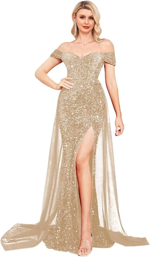 Off Shoulder Sequin Prom Dresses with Cape 2024 Sparkly Tulle Ball Gowns Split A Line Wedding Eve... | Amazon (US)