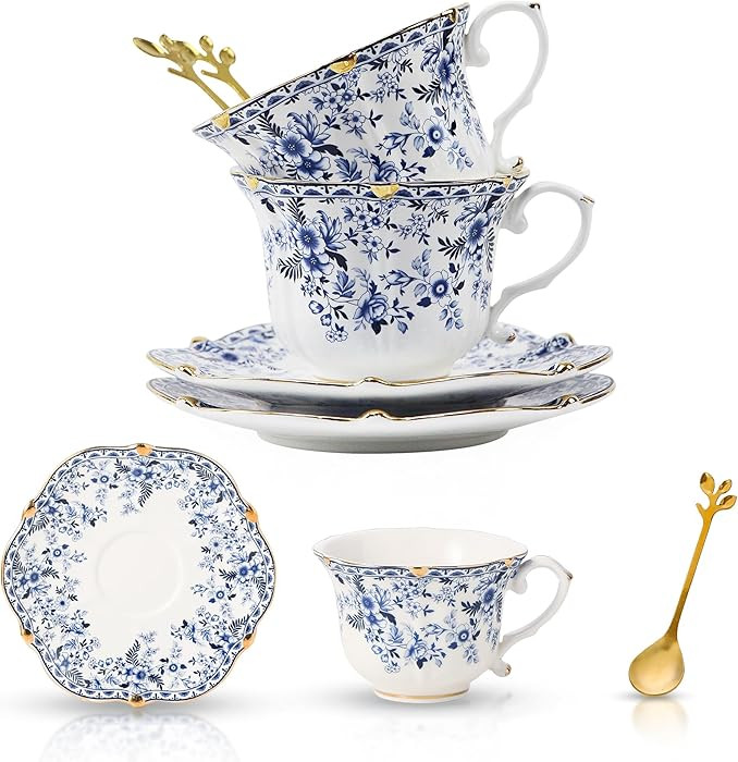 TATSUMI Country Roses Bone China Tea Cup and Saucer Set, 6 Pieces, Vintage Style, For Women and T... | Amazon (US)