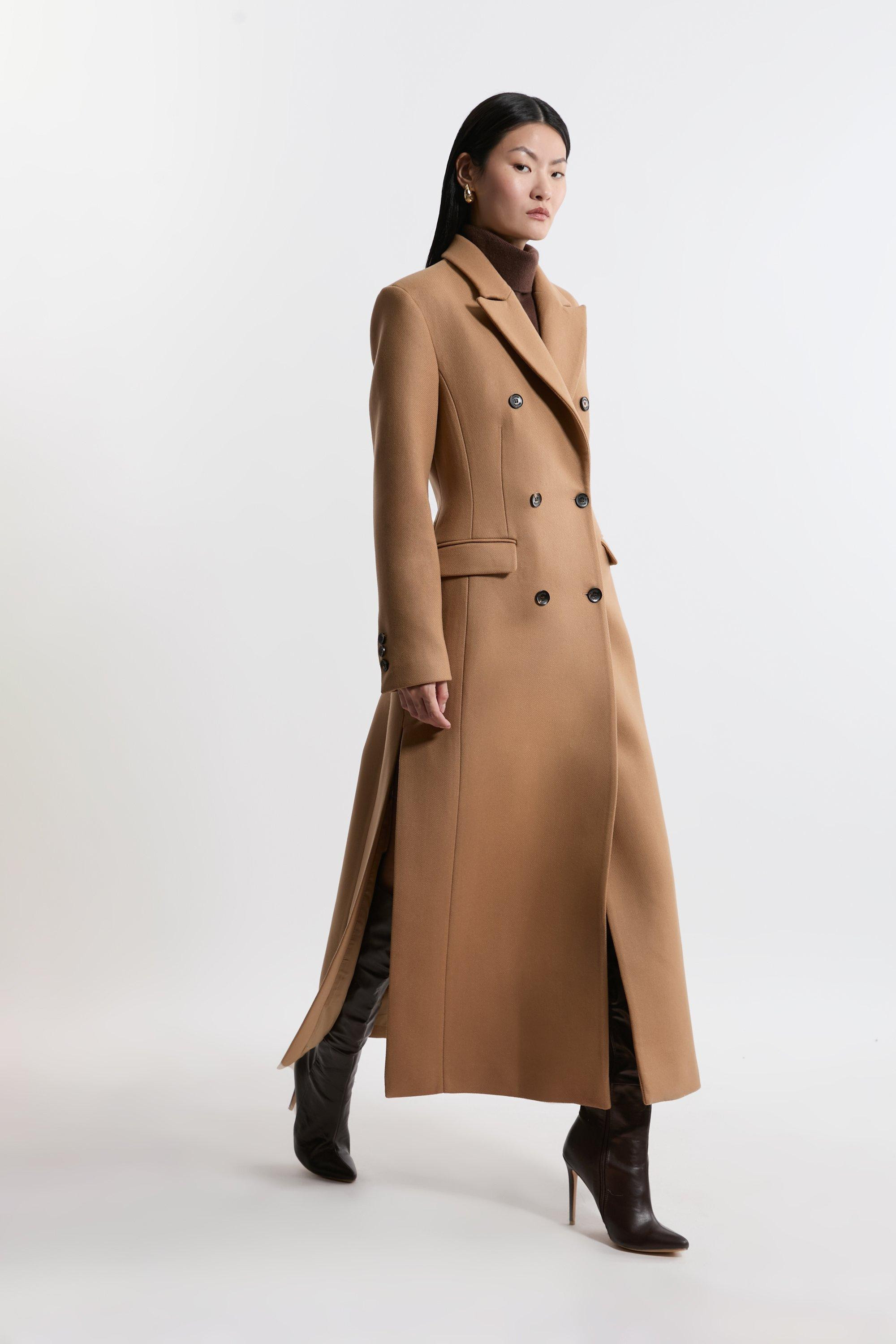 Premium Italian Manteco Wool Double Breasted Tailored Maxi Coat | Karen Millen | Karen Millen UK + IE + DE + NL
