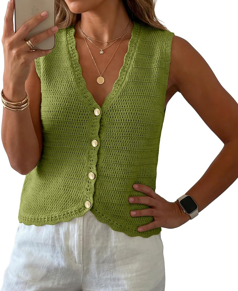 GRECERELLE Womens Summer Sleeveless Sweater Vest - V Neck Knit Button Down Casual Tank Tops | Amazon (US)