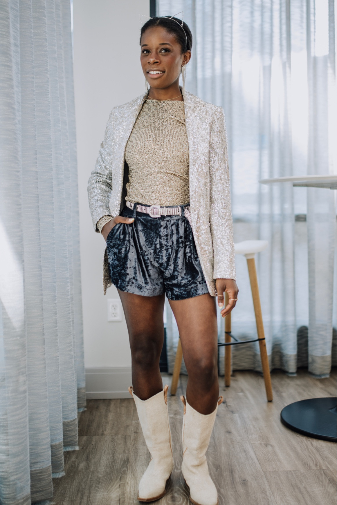 I’m in my Eras era in this Taylor Swift concert outfit! Blue velvet shorts with white western boots and sequin top all from Free People, and topped off with a rhinestone belt and silver sequin blazer

#LTKSeasonal #LTKstyletip #LTKFind