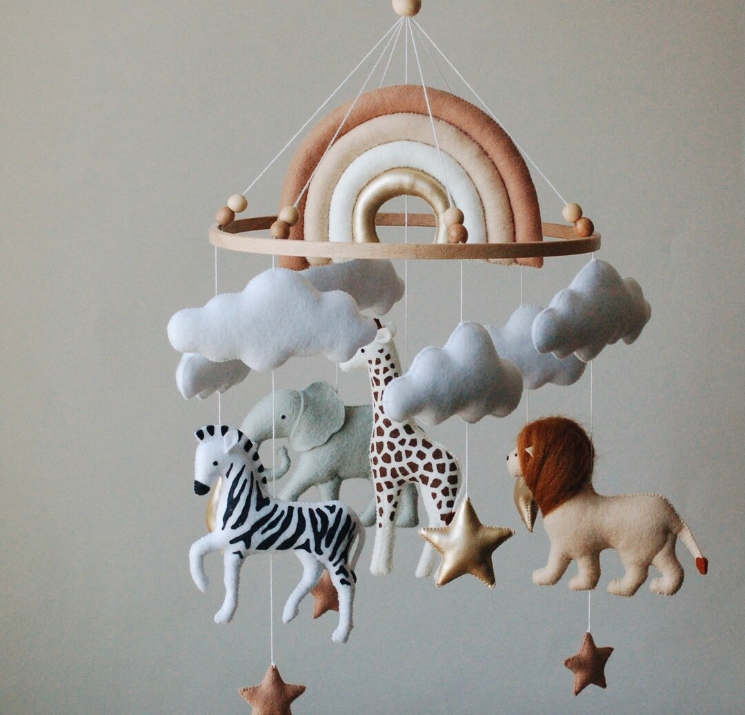 Safari baby mobile with rainbow | neutral animals Africa nursery felt Africa giraffe, lion, zebra... | Etsy (US)