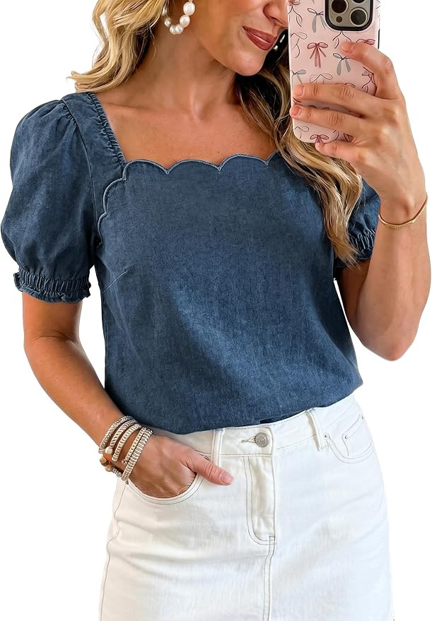 Womens Denim Top Jean Country Concert Square Neck Puff Sleeve Shirts | Amazon (US)