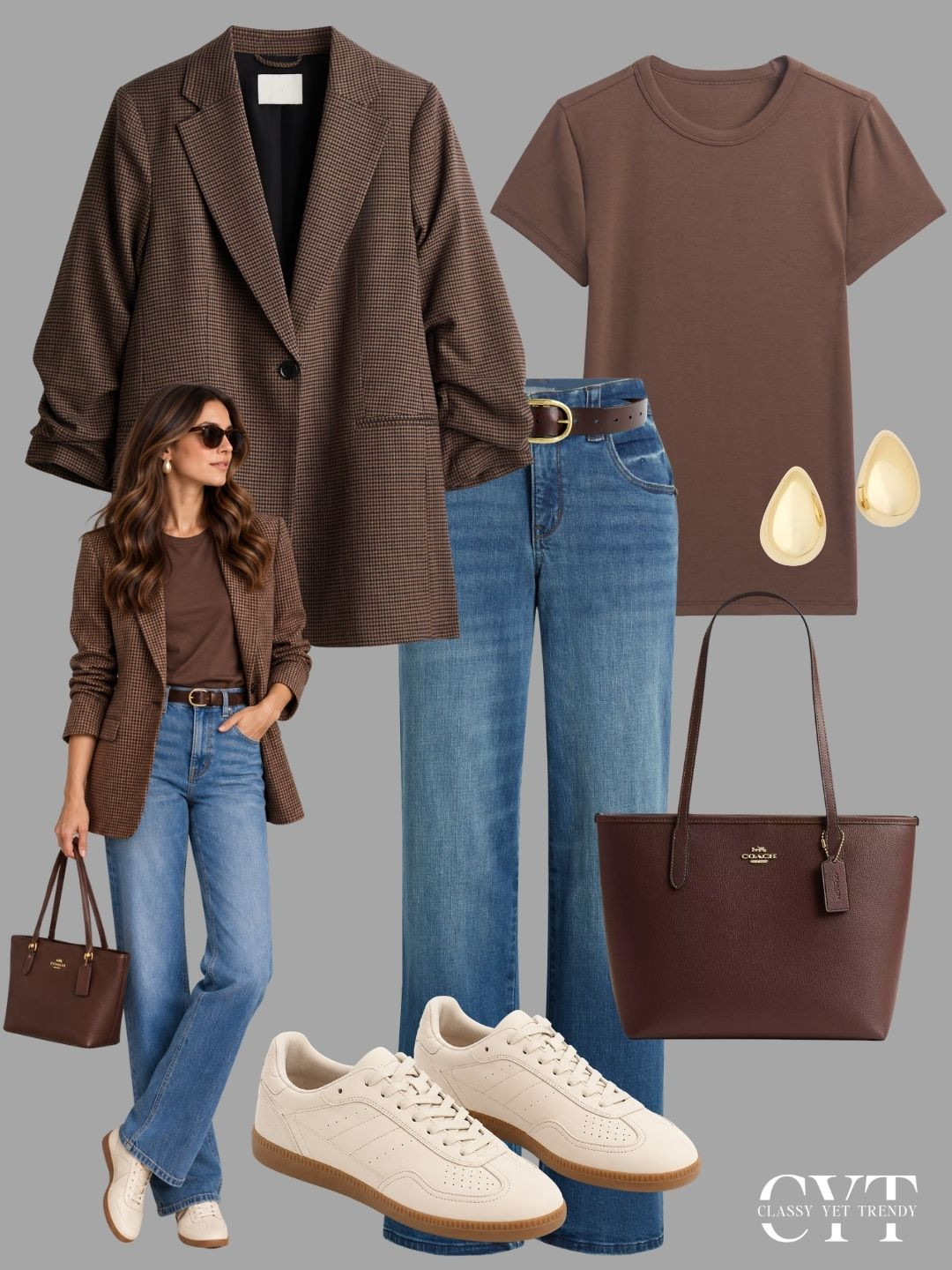 
6 outfits with a blazer and jeans ✔️ Which outfit is your favorite? black blazer, houndstooth, plaid, charcoal gray, navy, stripes, tee, sweater, black wash, medium wash, jeans, straight leg, wide leg, trouser, sneakers, mary jane, loafers, ballet flats #chocolatebrown #autumnstyle #outfitinspiration #blazerstyle #suedesneakers 

 
