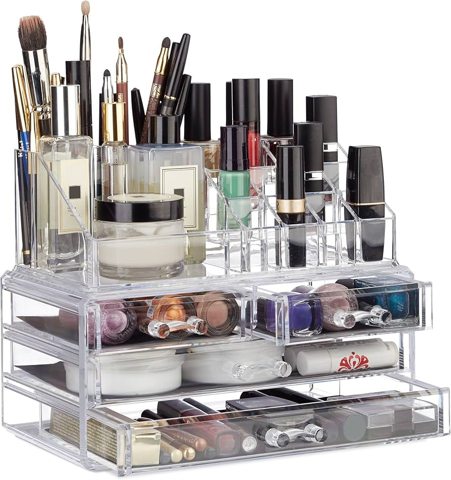 Relaxdays Make Up Organizer Acryl, 2-teilige Schminkaufbewahrung mit Lippenstifthalter und 4 Schu... | Amazon (DE)