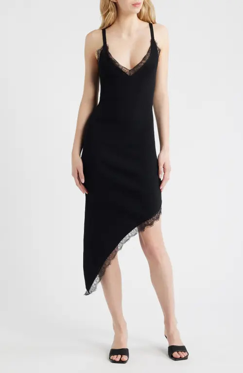 MANGO Asymmetric Lace Trim Rib Sweater Dress in Black at Nordstrom, Size 10 | Nordstrom