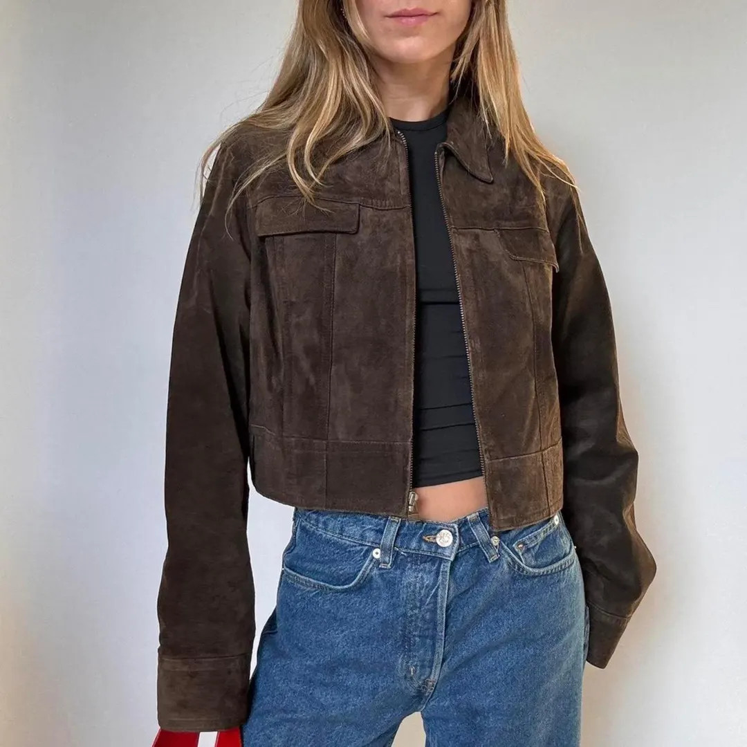 Women's 70s Suede Leather Jacket | Brown Cropped Suede Jacket | Retro Zip-Up Leather Jacket | Han... | Etsy (US)
