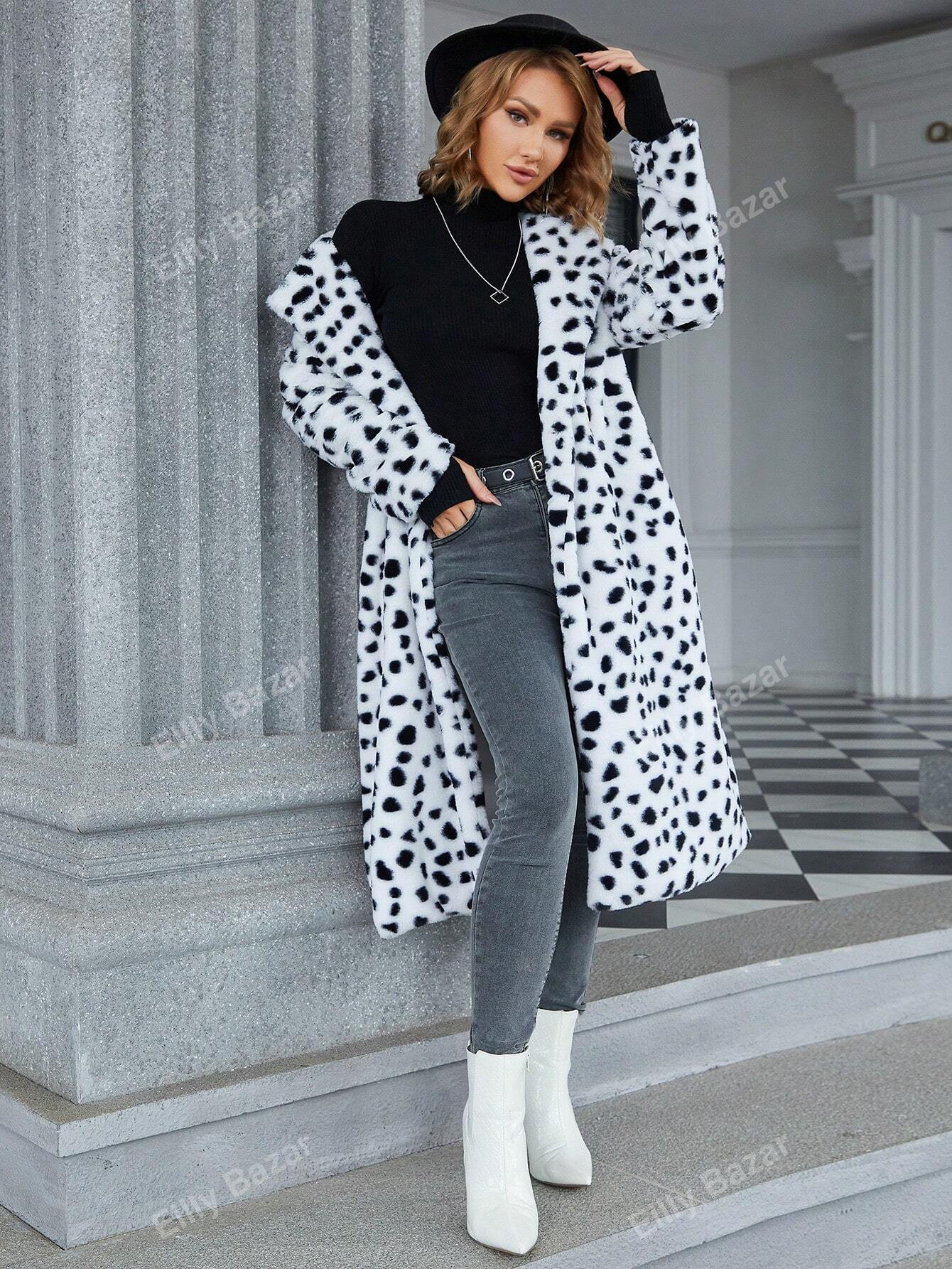 Eilly Bazar Dalmatian Print Open Front Fuzzy Coat | SHEIN USA | SHEIN
