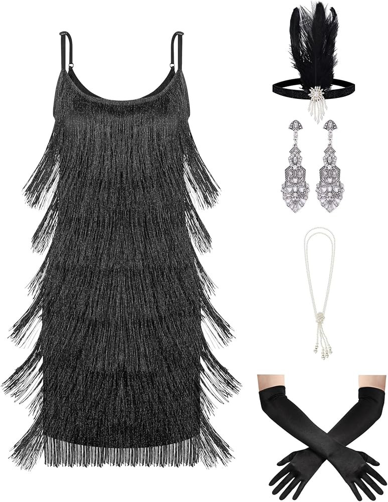 Womens Cami Strap 1920s Flapper Dress Sequin Fringe Costume Set | Amazon (US)
