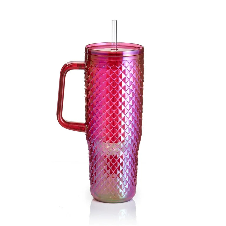 Mainstays 30oz Textured Tumbler with Straw and Handle, Diamond Iridescent Pink, 30oz, Plastic Dou... | Walmart (US)