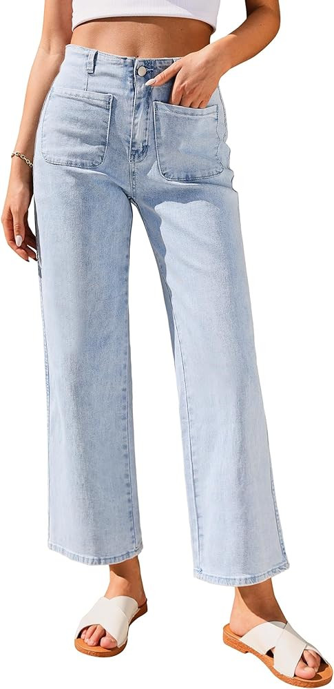 GRAPENT Wide Leg Jeans for Women High Waisted Straight Leg Stretchy Cropped Denim Pants with Pock... | Amazon (US)