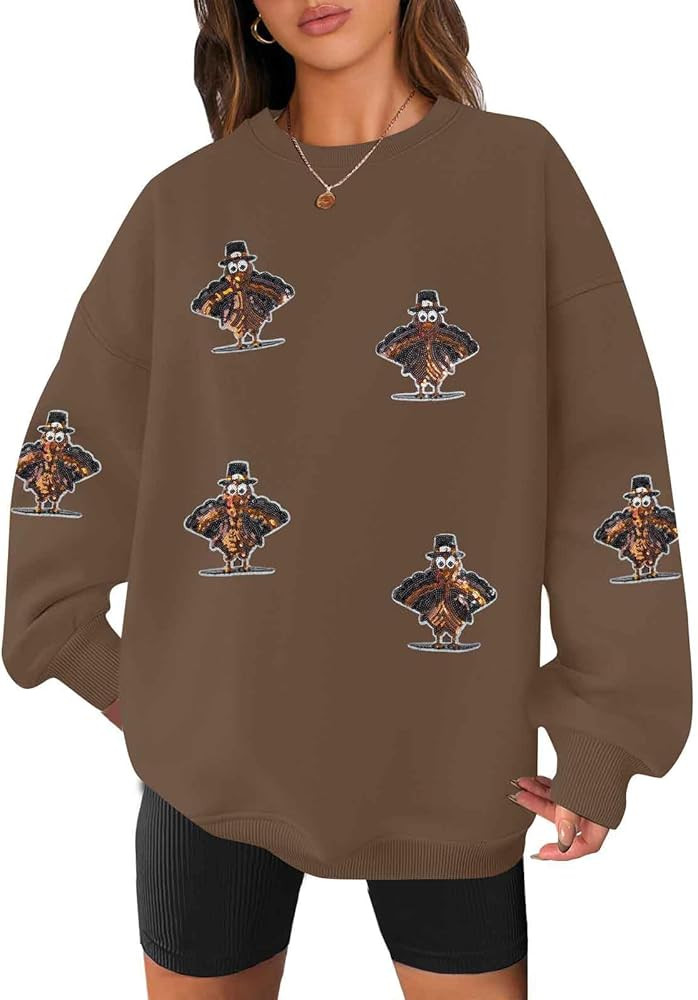 JINTING Thanksgiving Sweatshirt for Women Sequin Turkey Graphic Sweater Causal Holiday Pullover L... | Amazon (US)