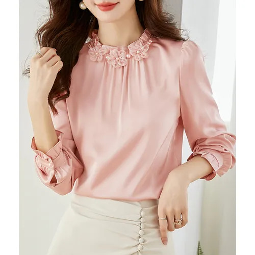 Jeonseon - Long-Sleeve Stand Collar Plain Faux Pearl Flower Detail Frill Blouse | YesStyle Global