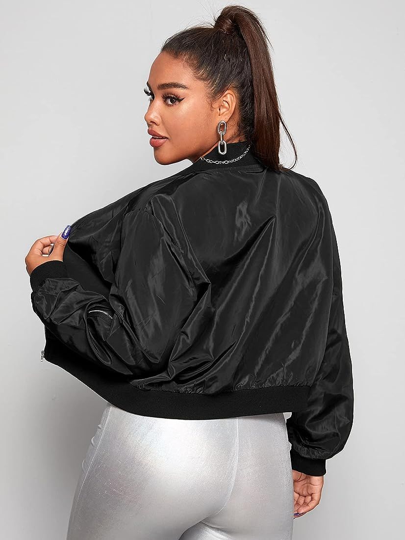 Floerns Women's Plus Size Casual Long Sleeve Zip Up Bomber Jacket Crop Tops | Amazon (US)