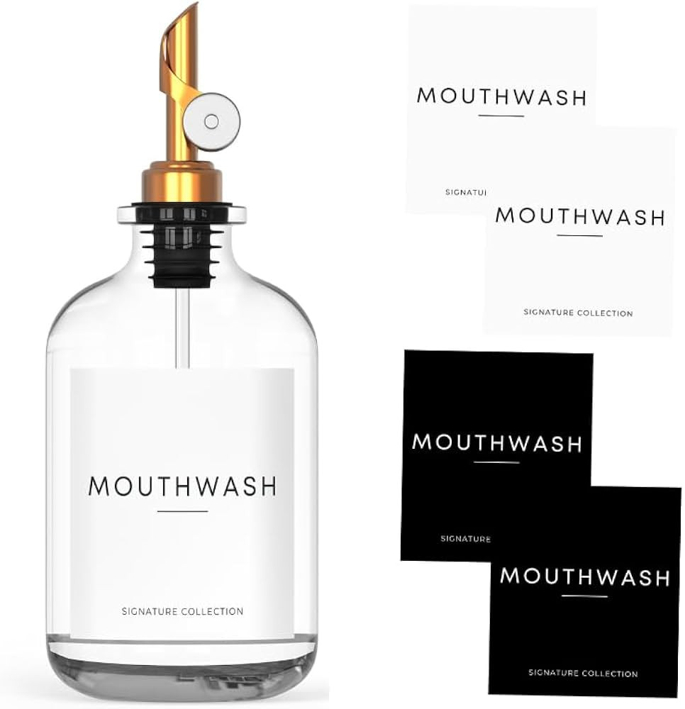 Mouthwash Dispenser for Bathroom - Glass Mouthwash Container (12.7 oz) with Weighted Pour Spout &... | Amazon (US)