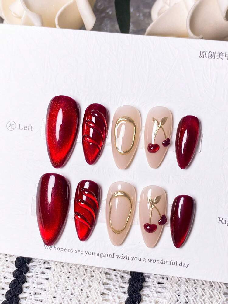 10pcs Handmade Almond White French Red Outline Red Starburst Metal Cherry Elegant Minimalist Sophisticated False Nails | SHEIN