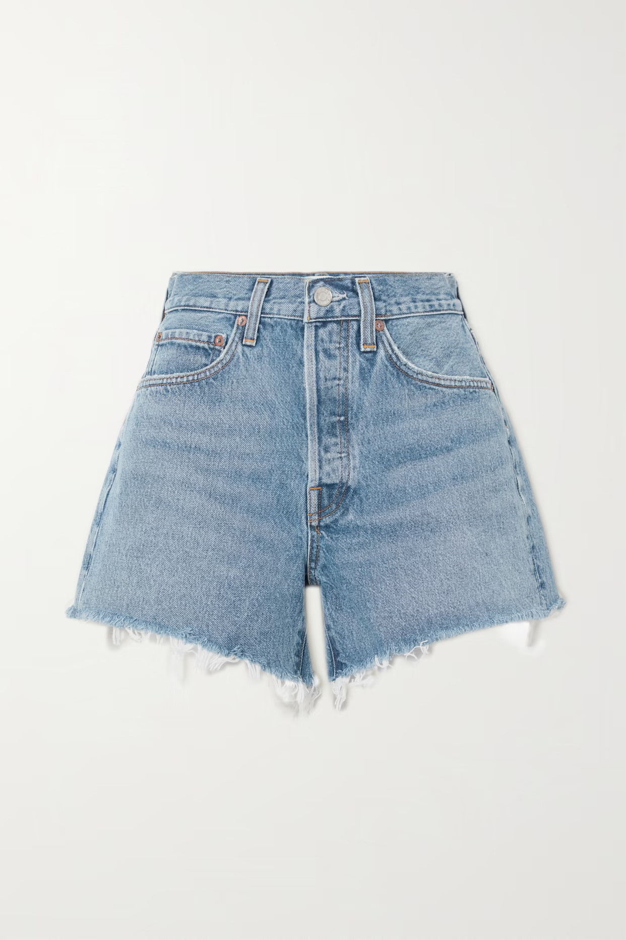 AGOLDE - Parker Long Distressed Denim Shorts - Blue | NET-A-PORTER (US)