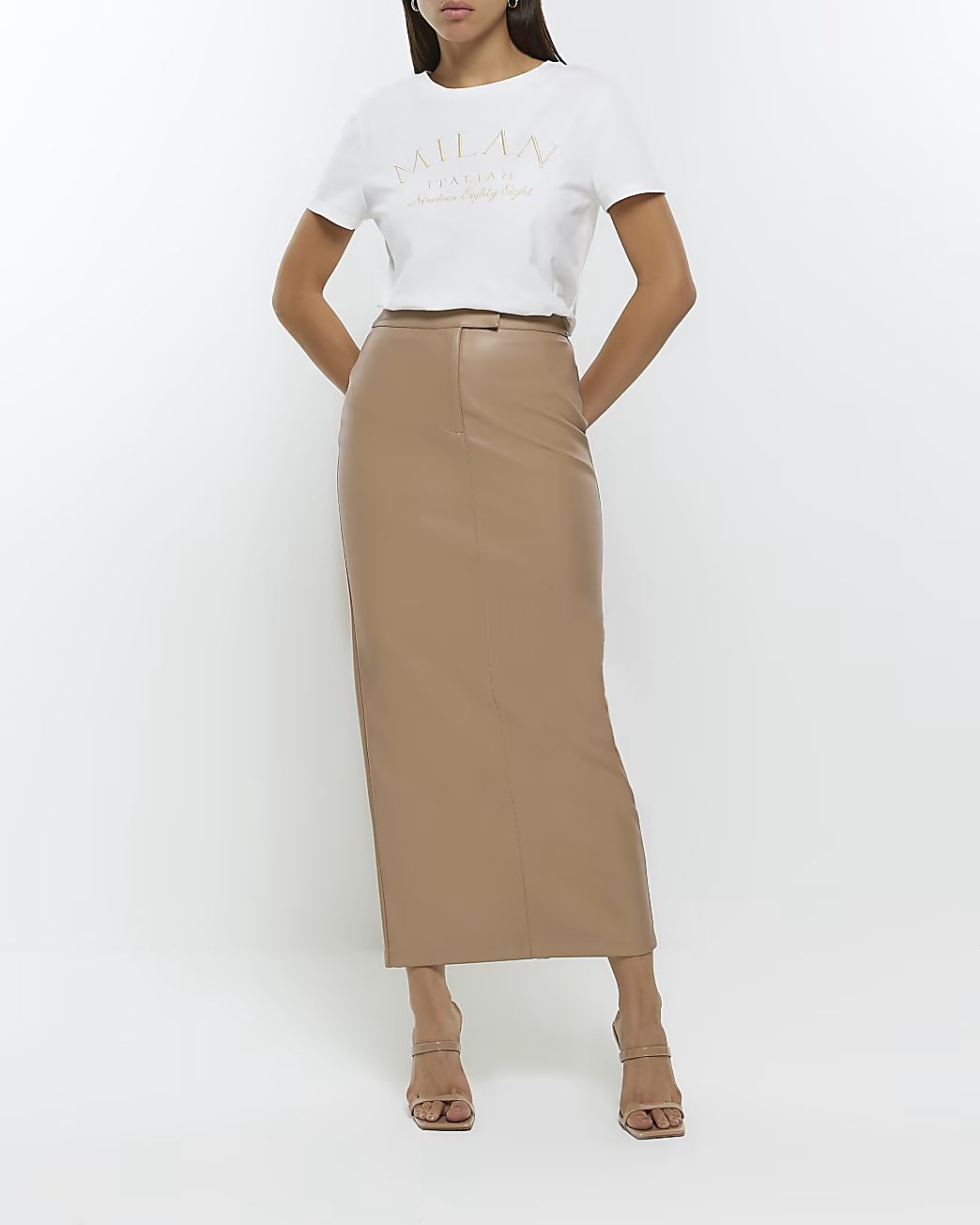 Brown faux leather midi skirt | River Island (UK & IE)