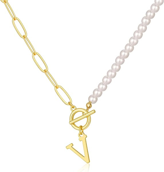 Pearl Toggle Initial Necklaces for Women - Handmade Pearl Choker Necklace Paperclip Initial Neckl... | Amazon (US)