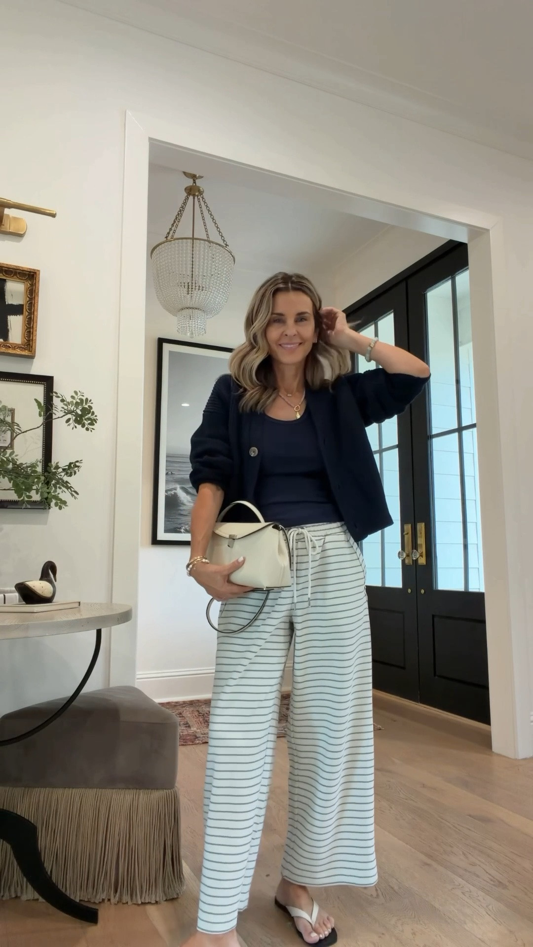 I’m 5’6”
-Terry pants with sage stripe   Size down. I have mine cinched to fit  incredibly comfortable! 
-navy tank sz S
-navy cotton cardigan sz S
-Amazon flats are 10/10!

#LTKootd #LTKgrwm #LTKOver40