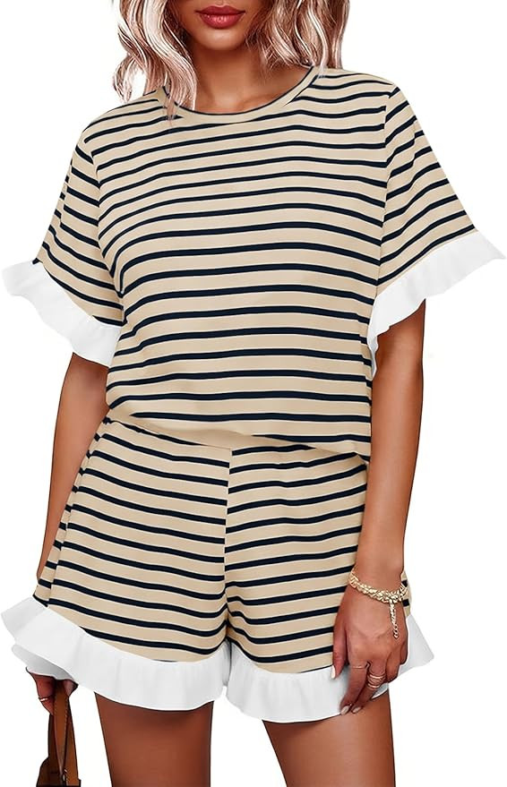 Tankaneo Womens 2 Piece Striped Shorts Set Ruffle Short Sleeve Tops Hight Waist Shorts Matching S... | Amazon (US)