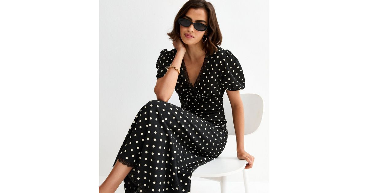 Black Polka Dot Short Sleeve Midi Dress | New Look | New Look (UK)