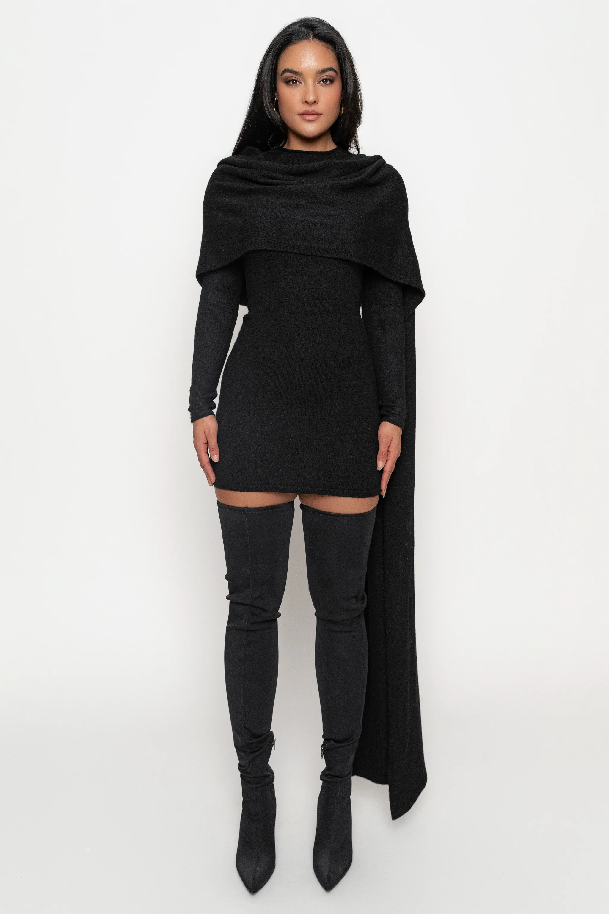Black Scarf Draped Mini Dress | JLUXLABEL