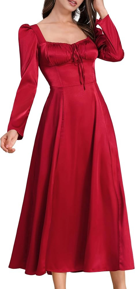 ODIZLI Women Satin Long Corset Dress Long Sleeve Midi Dresses for Wedding Guest Party Bridesmaid ... | Amazon (US)