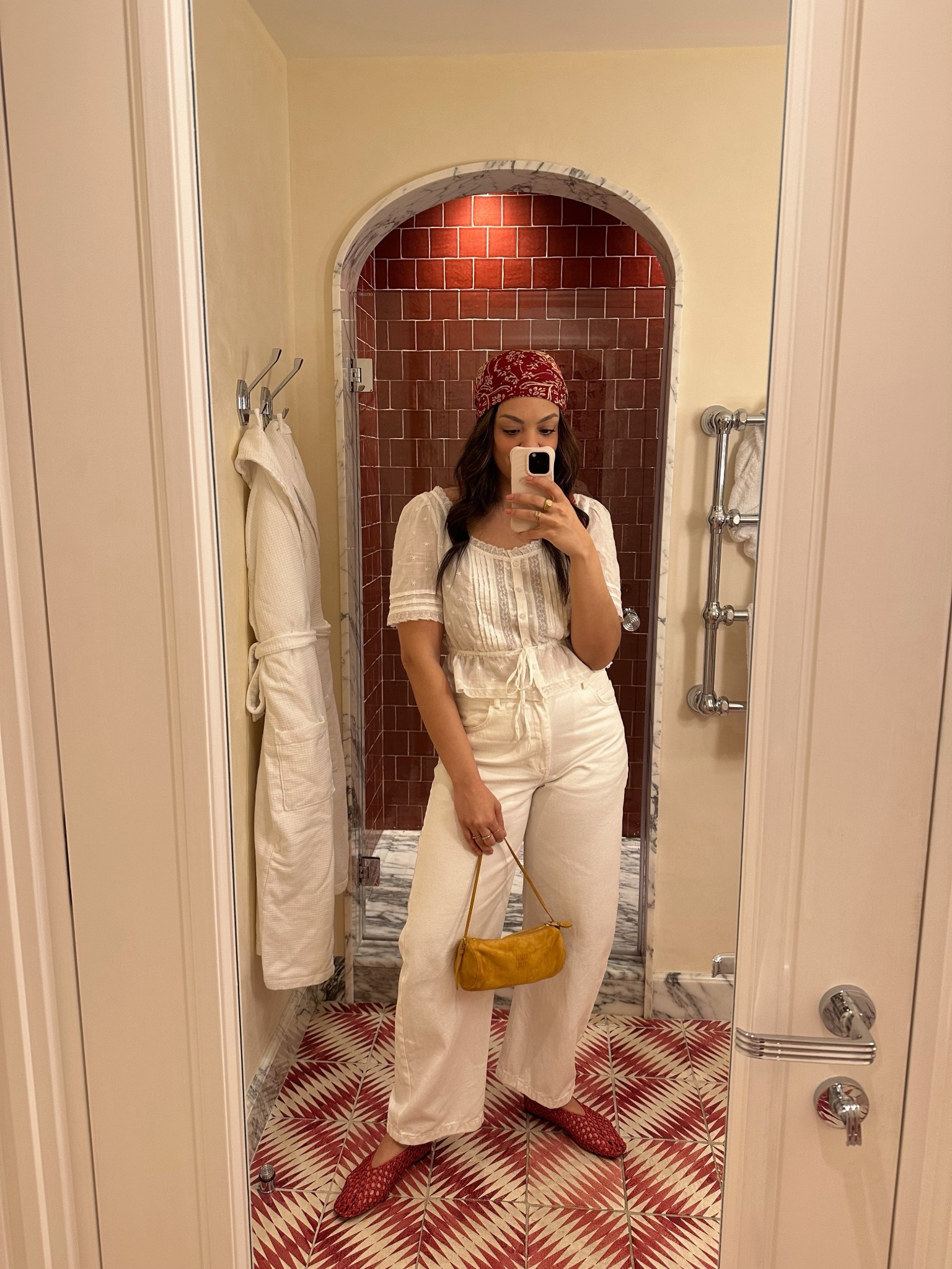 Rome outfit!

-Gap eyelet white top, I have a medium. 
-White barrel jeans, similar linked. 
-Red Banana Republic woven flags. 
-Red bandana, similar linked. 
-Yellow Miumiu bag  

#LTKstyletip #LTKjeans #LTKsummer