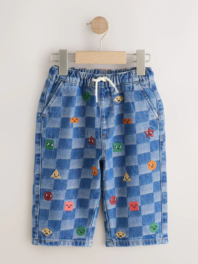 Mid Blue Checkerboard With All Over Embroidery Wide Fit Jeans (3mths-7yrs) | Next US