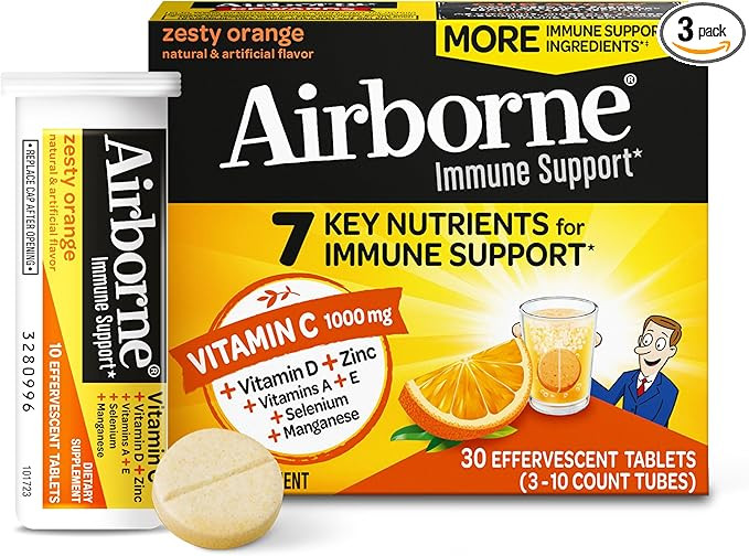 Airborne 1000mg Vitamin C with Zinc, SUGAR FREE Effervescent Tablets, Immune Support Supplement w... | Amazon (US)