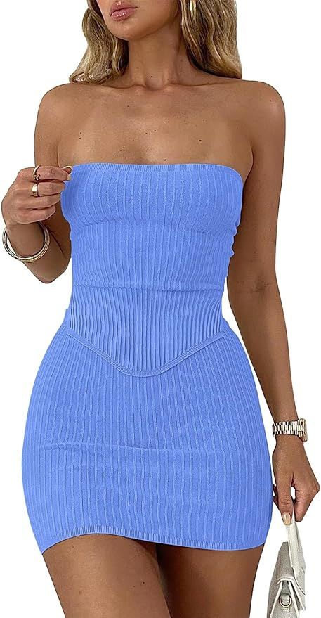 ANRABESS Womens Sexy Summer Two Piece Outfits Bandeau Going Out Crop Tops Bodycon Skirt Set Mini ... | Amazon (US)