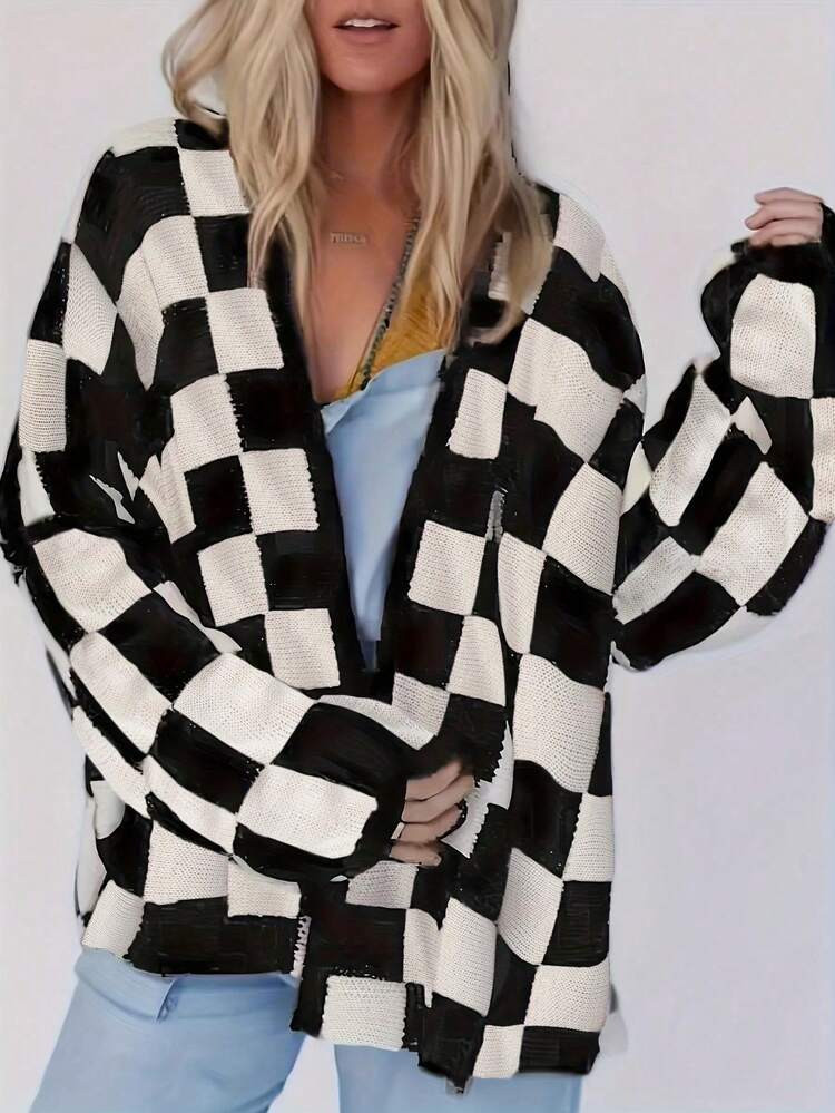 Plus Size Plaid Casual Long Sleeve Knit Cardigan, Winter | SHEIN